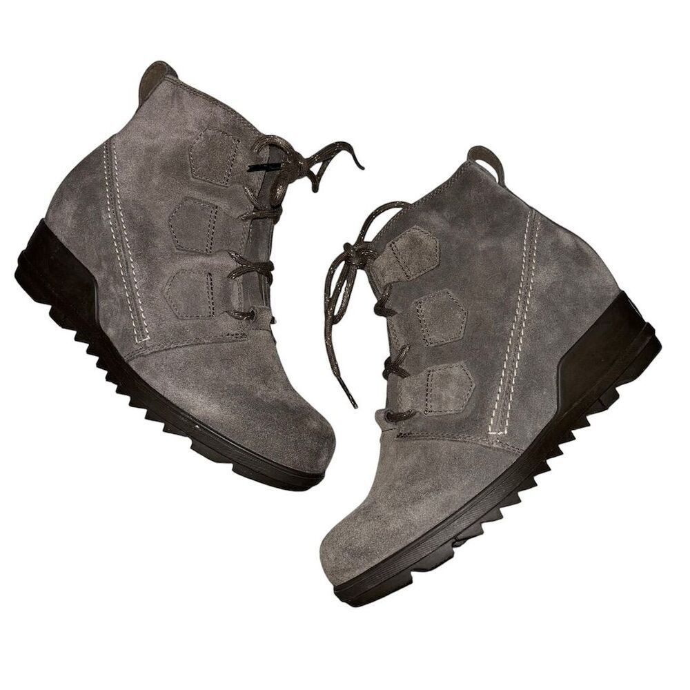 SOREL Evie Taupe Grey Suede Lace Up Waterproof Wedge Ankle Bootie Size 8 - Picture 4 of 12